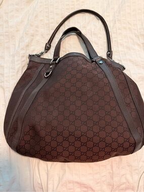Gucci Abbey Dark Brown GG Canvas Tote with Leather Trim